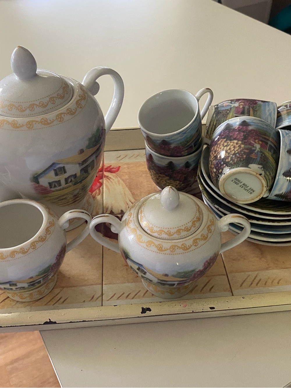 Scenic Porcelain Tea Set with Gold Accent